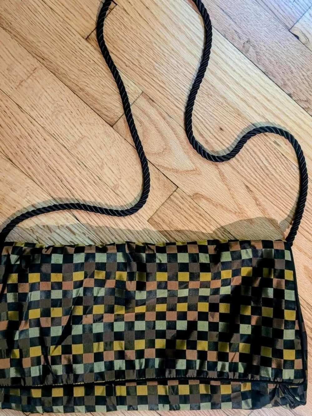 Unique Checkered satin pouch purse with black thread rope